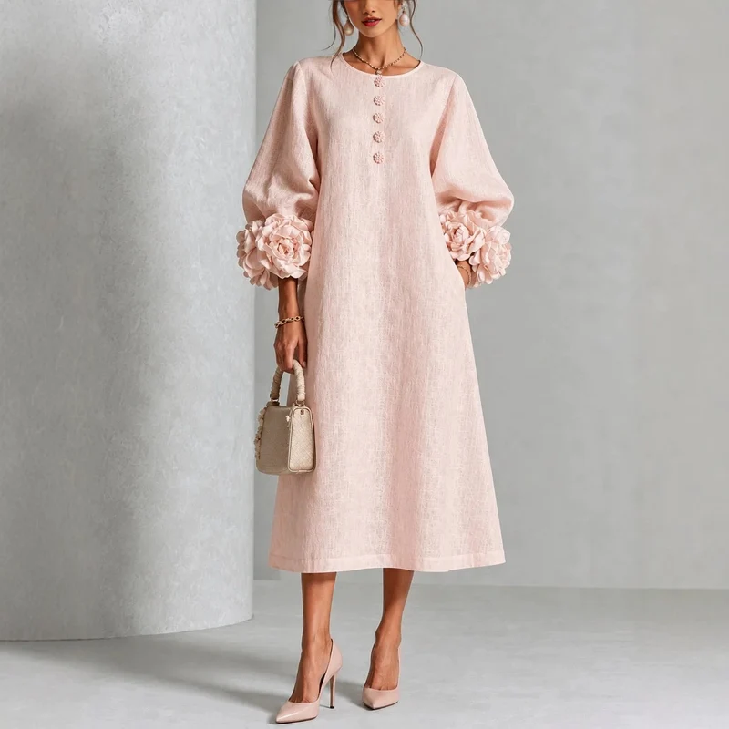 Damen Midikleid aus Leinenoptik mit Ballonärmeln und 3D‑Blütenmanschetten Nord Taschen