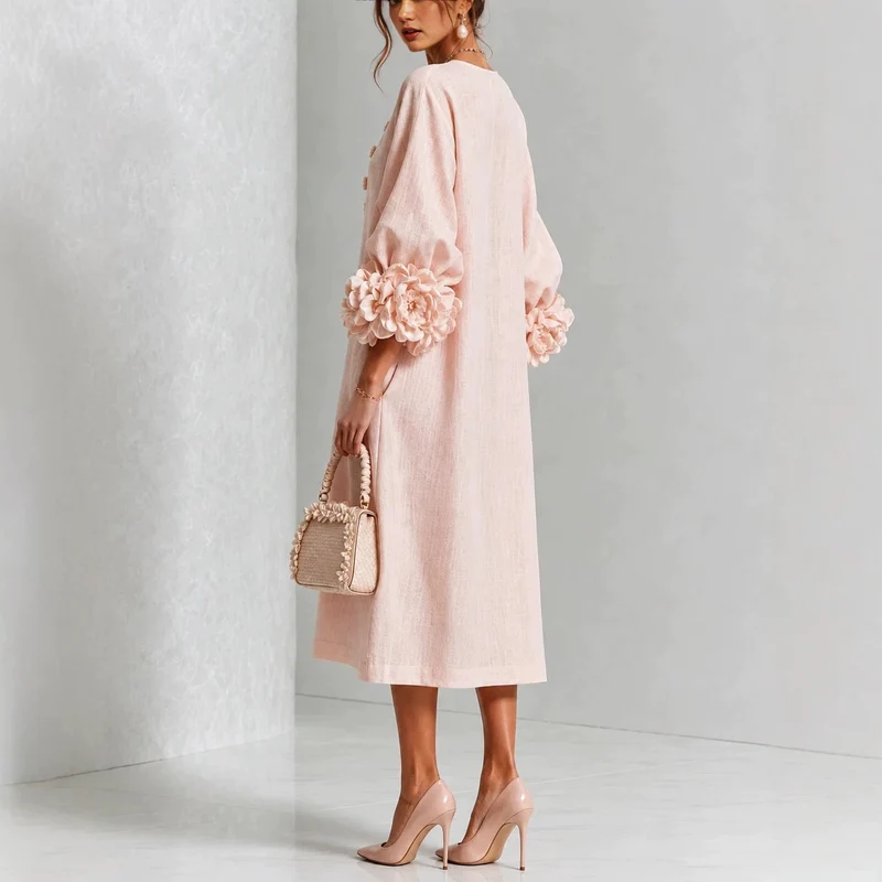Damen Midikleid aus Leinenoptik mit Ballonärmeln und 3D‑Blütenmanschetten Nord Taschen