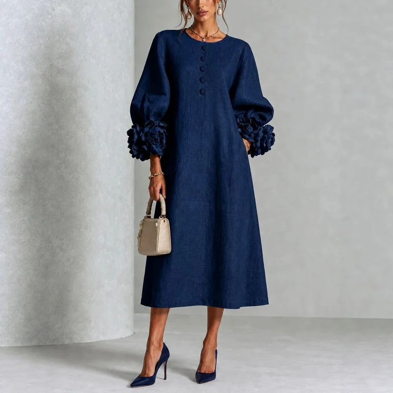 Damen Midikleid aus Leinenoptik mit Ballonärmeln und 3D‑Blütenmanschetten Nord Taschen