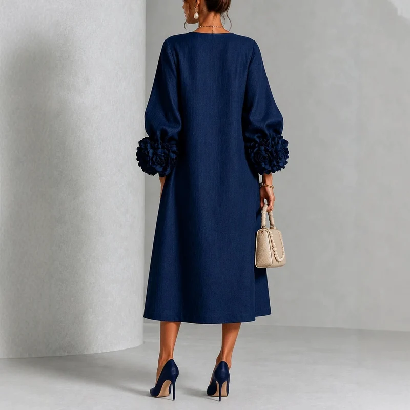Damen Midikleid aus Leinenoptik mit Ballonärmeln und 3D‑Blütenmanschetten Nord Taschen