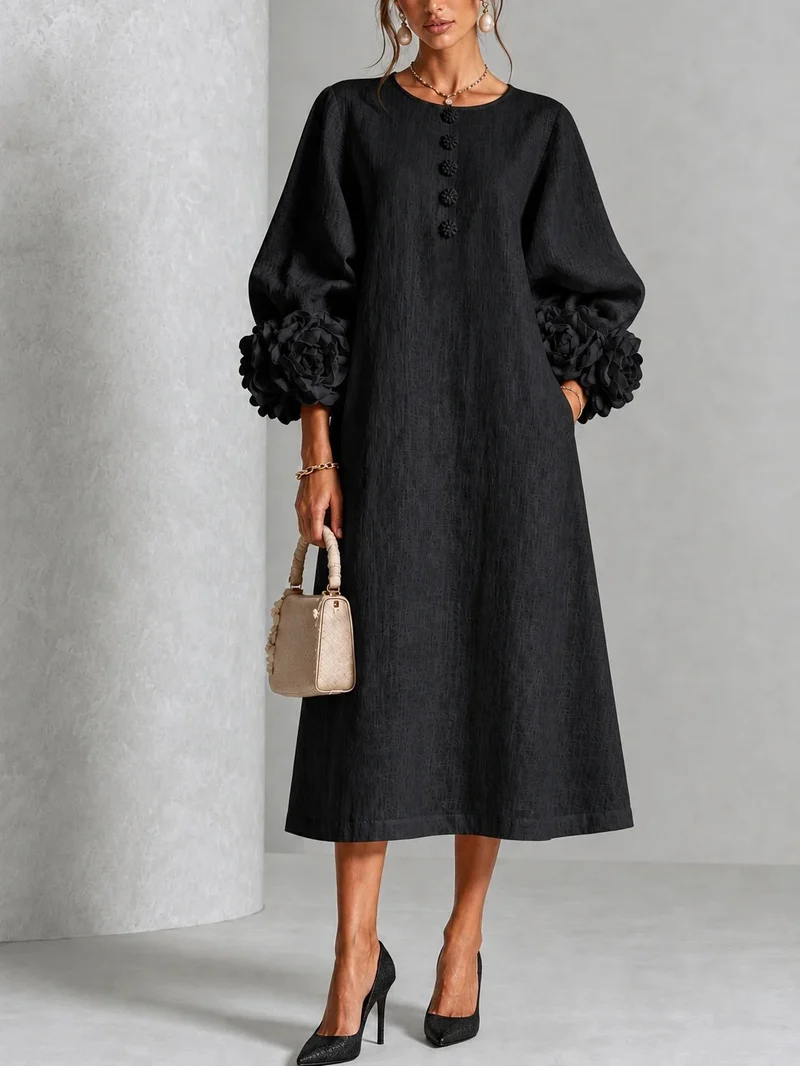 Damen Midikleid aus Leinenoptik mit Ballonärmeln und 3D‑Blütenmanschetten Nord Taschen
