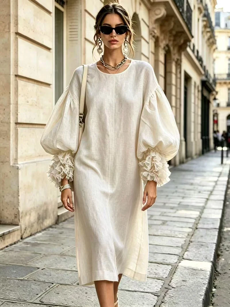 Damen Midi-Kleid aus Leinenoptik mit voluminösen Ballonärmeln und Rüschenmanschetten Nord Taschen