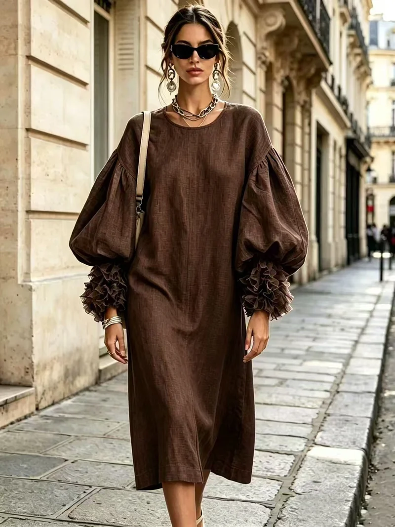 Damen Midi-Kleid aus Leinenoptik mit voluminösen Ballonärmeln und Rüschenmanschetten Nord Taschen