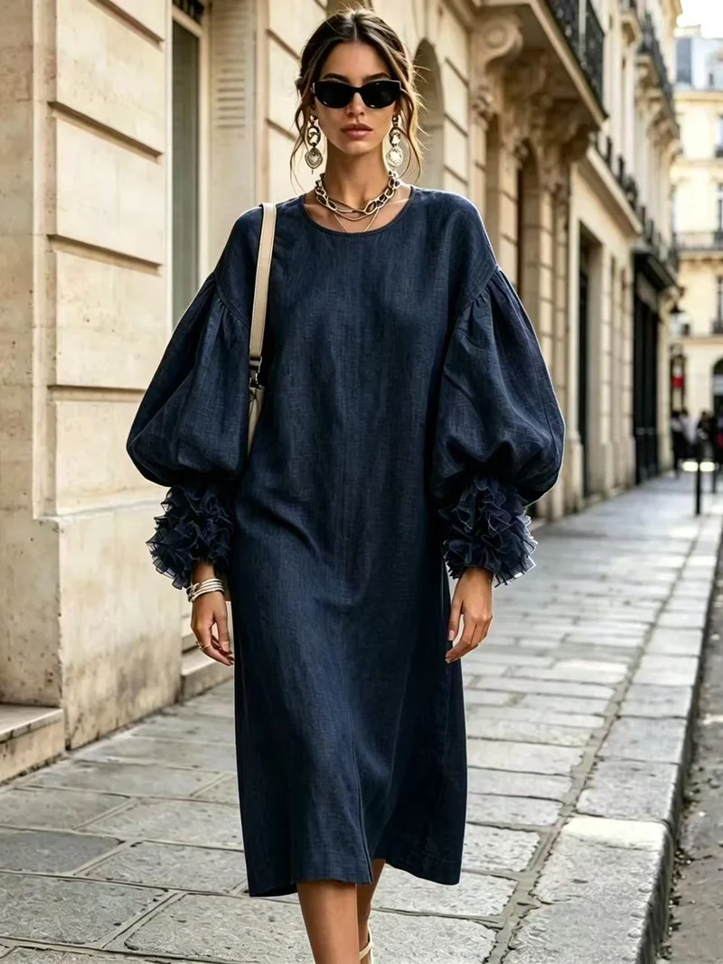 Damen Midi-Kleid aus Leinenoptik mit voluminösen Ballonärmeln und Rüschenmanschetten Nord Taschen