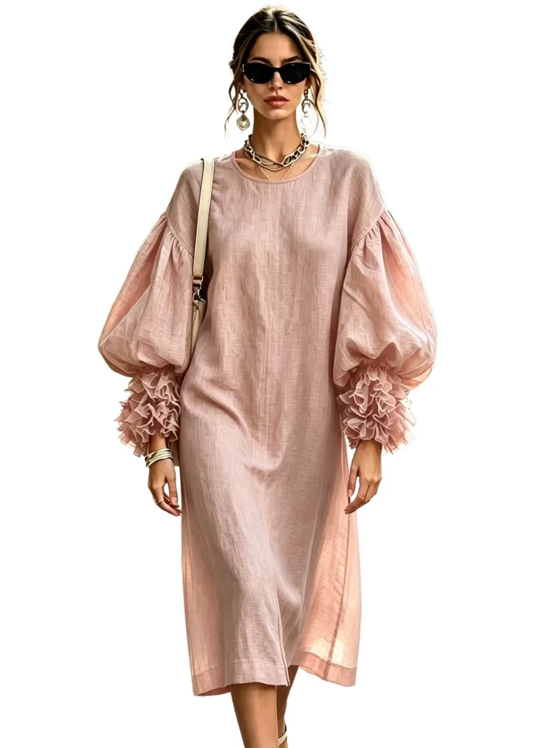 Damen Midi-Kleid aus Leinenoptik mit voluminösen Ballonärmeln und Rüschenmanschetten Nord Taschen