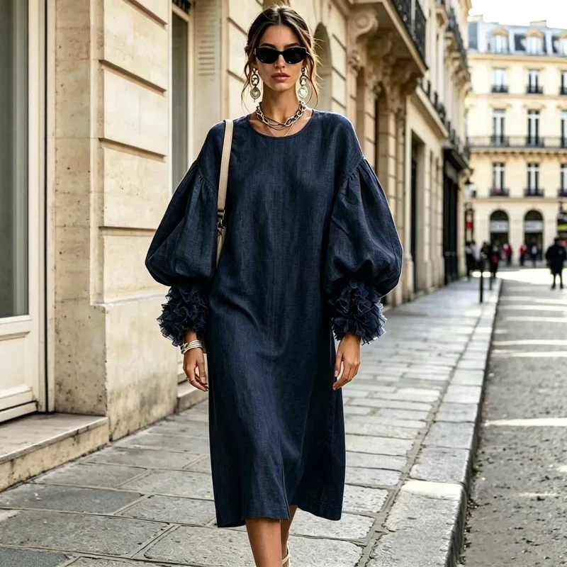 Damen Midi-Kleid aus Leinenoptik mit voluminösen Ballonärmeln und Rüschenmanschetten Nord Taschen