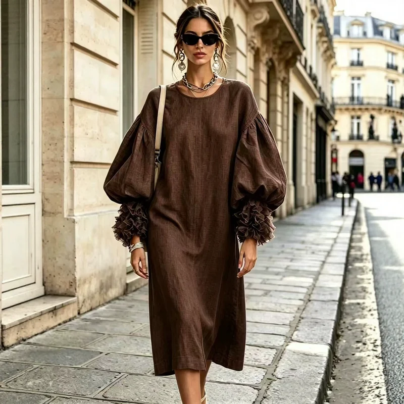 Damen Midi-Kleid aus Leinenoptik mit voluminösen Ballonärmeln und Rüschenmanschetten Nord Taschen