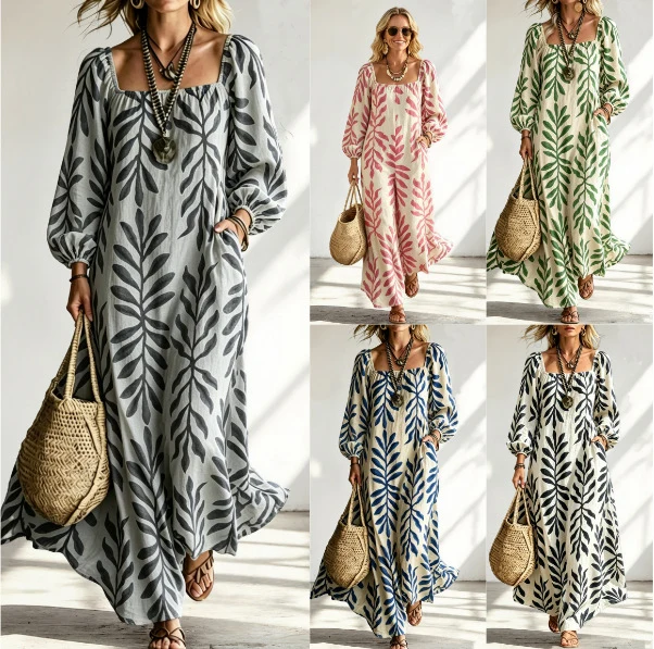 Damen Maxikleid mit quadratischem Ausschnitt, Ballonärmeln und botanischem Print Nord Taschen