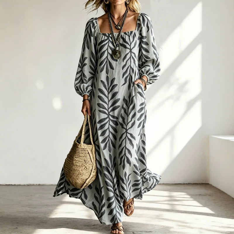 Damen Maxikleid mit quadratischem Ausschnitt, Ballonärmeln und botanischem Print Nord Taschen