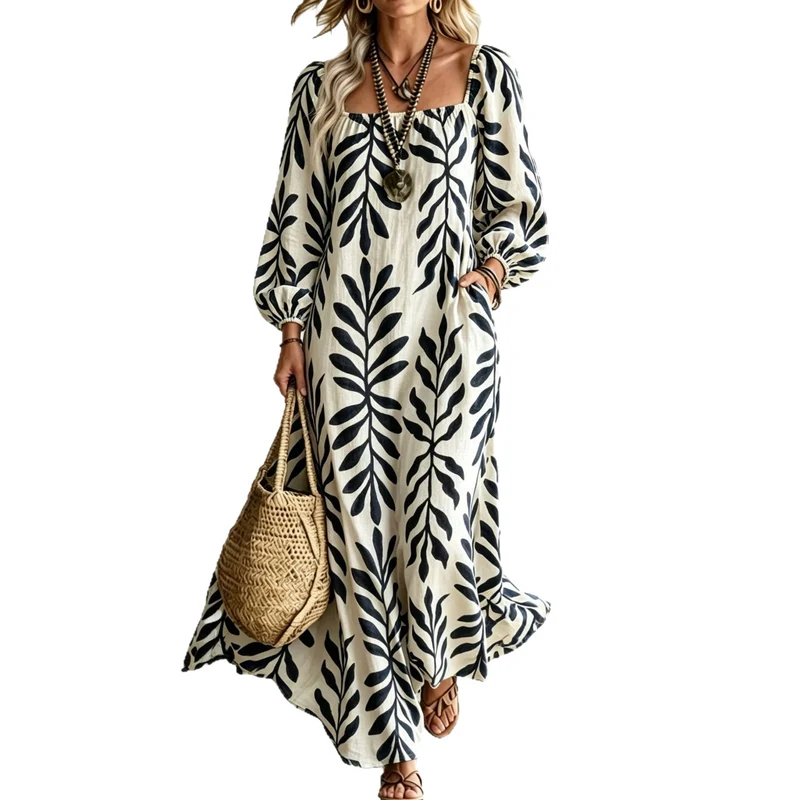 Damen Maxikleid mit quadratischem Ausschnitt, Ballonärmeln und botanischem Print Nord Taschen