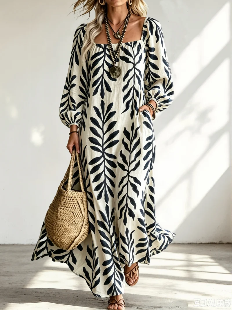 Damen Maxikleid mit quadratischem Ausschnitt, Ballonärmeln und botanischem Print Nord Taschen