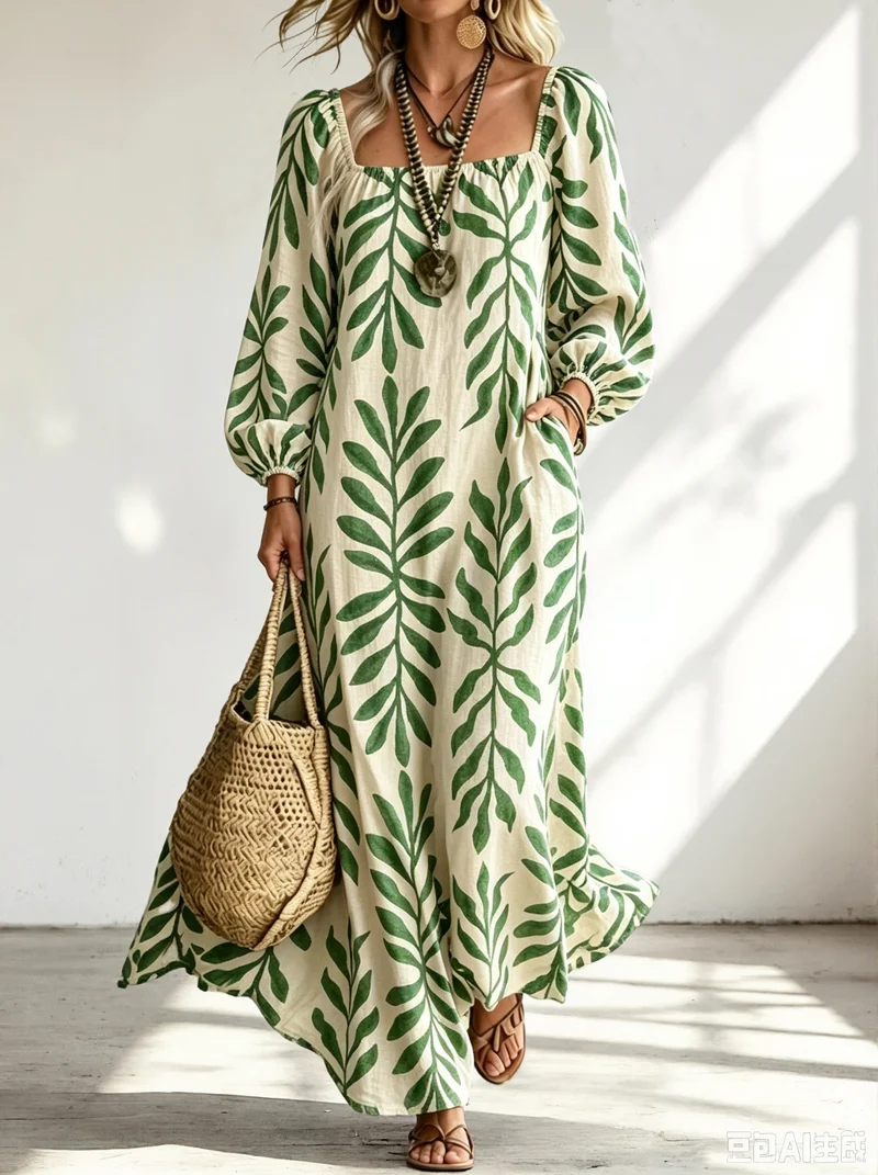 Damen Maxikleid mit quadratischem Ausschnitt, Ballonärmeln und botanischem Print Nord Taschen