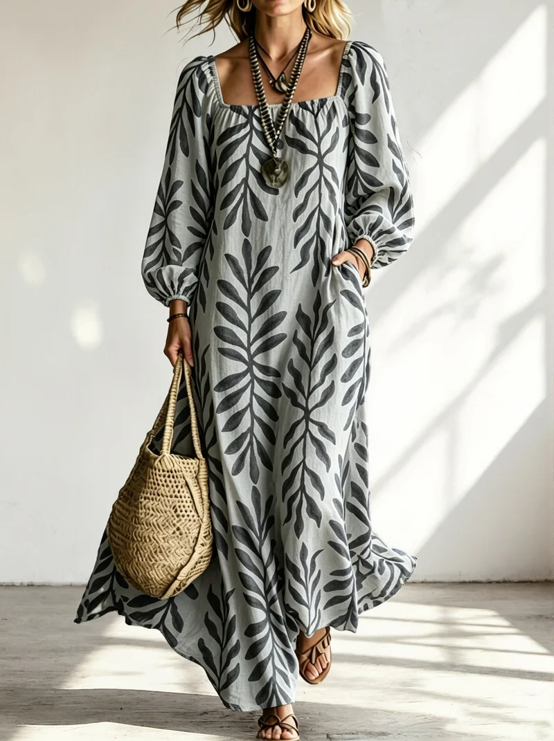 Damen Maxikleid mit quadratischem Ausschnitt, Ballonärmeln und botanischem Print Nord Taschen