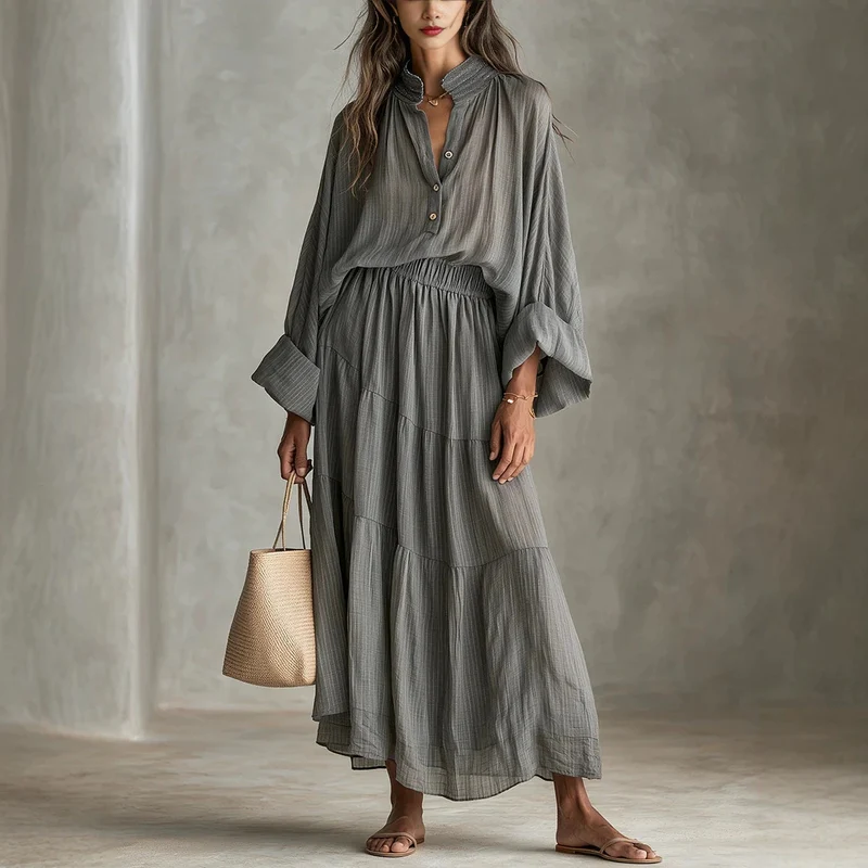 Damen Maxikleid mit geraffter Taille, Stehkragen und voluminösen Ballonärmeln Nord Taschen