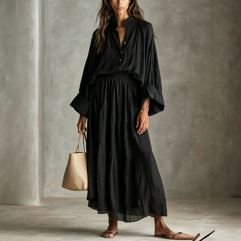 Damen Maxikleid mit geraffter Taille, Stehkragen und voluminösen Ballonärmeln Nord Taschen