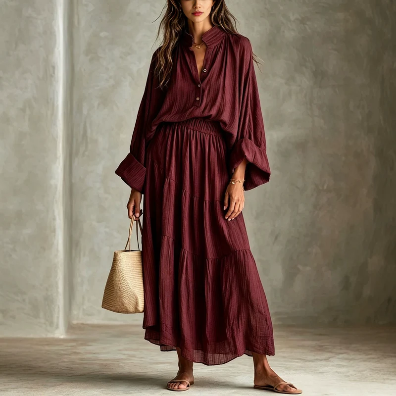 Damen Maxikleid mit geraffter Taille, Stehkragen und voluminösen Ballonärmeln Nord Taschen