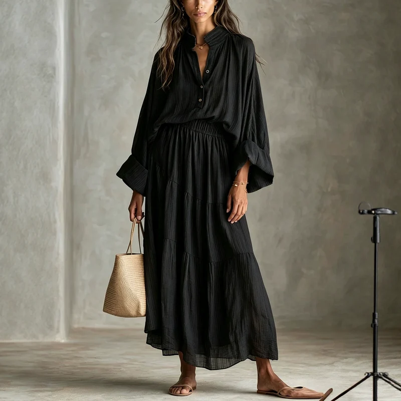 Damen Maxikleid mit geraffter Taille, Stehkragen und voluminösen Ballonärmeln Nord Taschen
