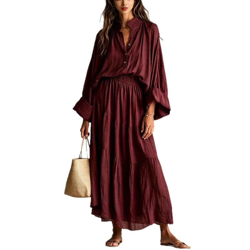 Damen Maxikleid mit geraffter Taille, Stehkragen und voluminösen Ballonärmeln Nord Taschen