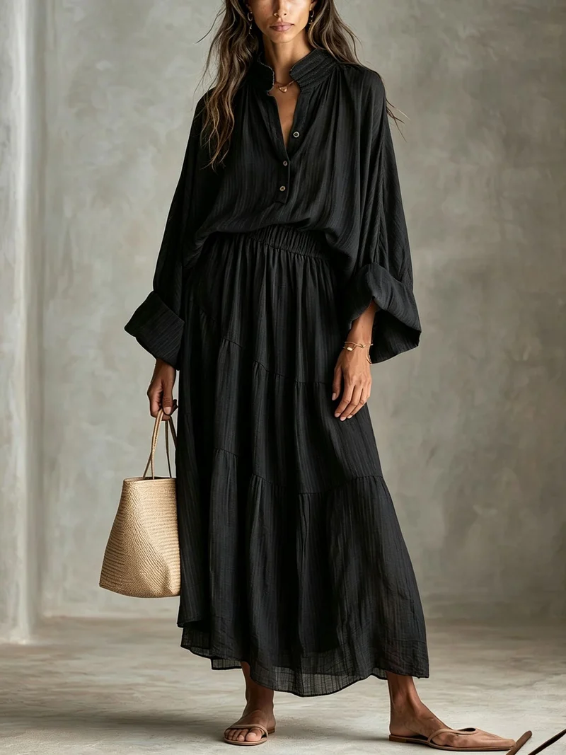 Damen Maxikleid mit geraffter Taille, Stehkragen und voluminösen Ballonärmeln Nord Taschen
