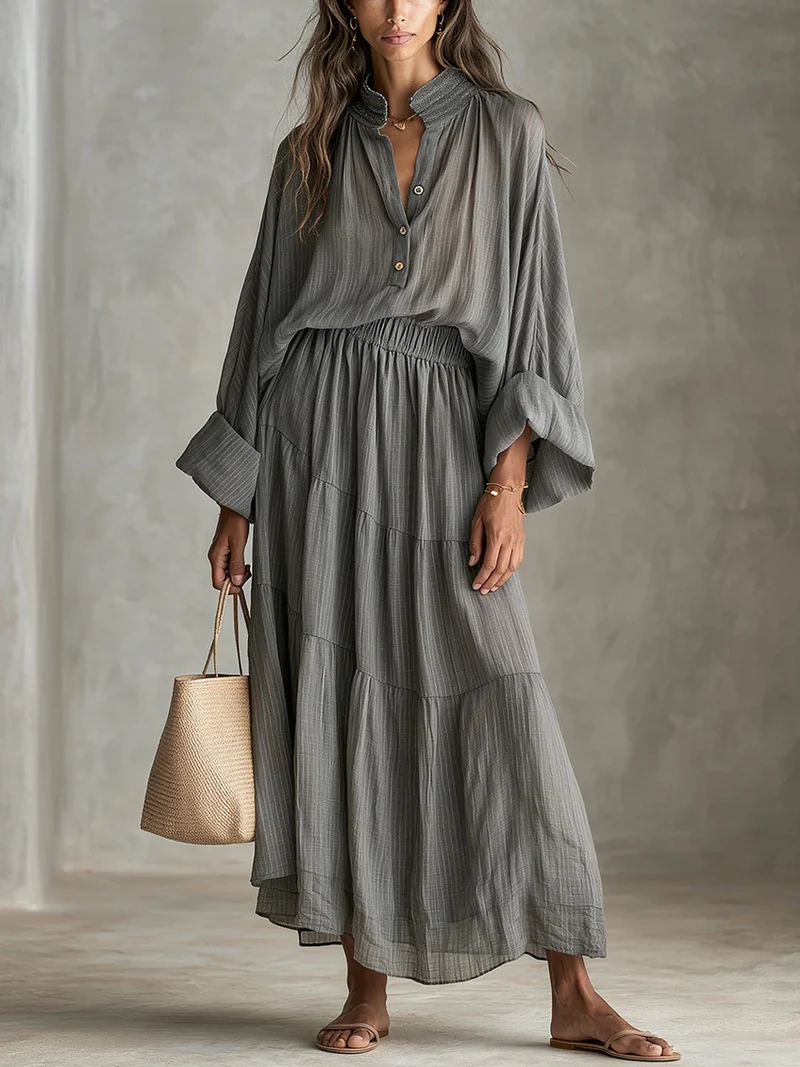Damen Maxikleid mit geraffter Taille, Stehkragen und voluminösen Ballonärmeln Nord Taschen