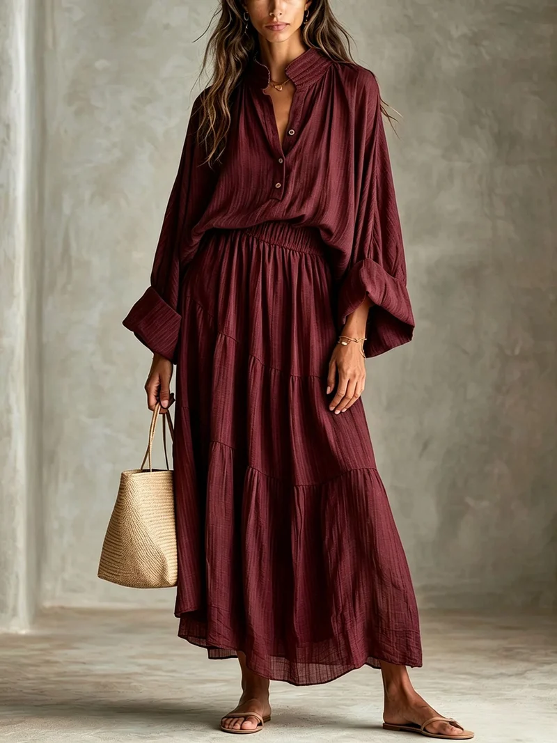 Damen Maxikleid mit geraffter Taille, Stehkragen und voluminösen Ballonärmeln Nord Taschen