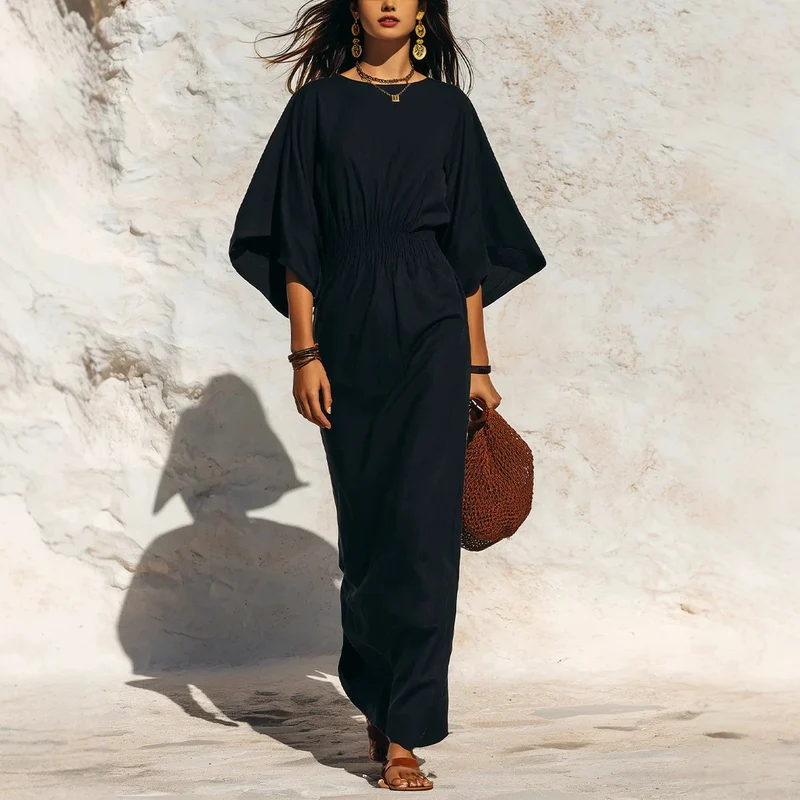 Damen Maxikleid mit Fledermausärmeln und geraffter Smock-Taillierung Nord Taschen