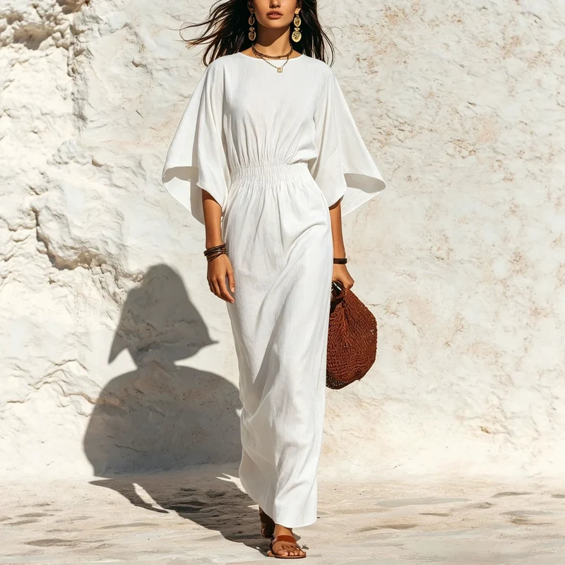 Damen Maxikleid mit Fledermausärmeln und geraffter Smock-Taillierung Nord Taschen