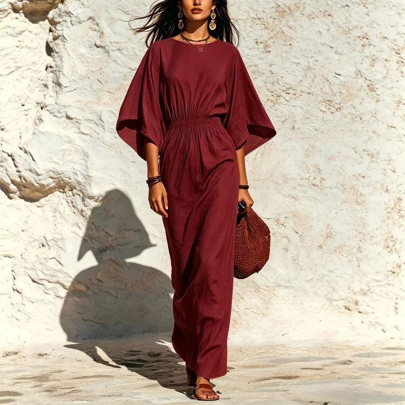 Damen Maxikleid mit Fledermausärmeln und geraffter Smock-Taillierung Nord Taschen