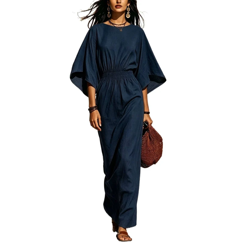 Damen Maxikleid mit Fledermausärmeln und geraffter Smock-Taillierung Nord Taschen