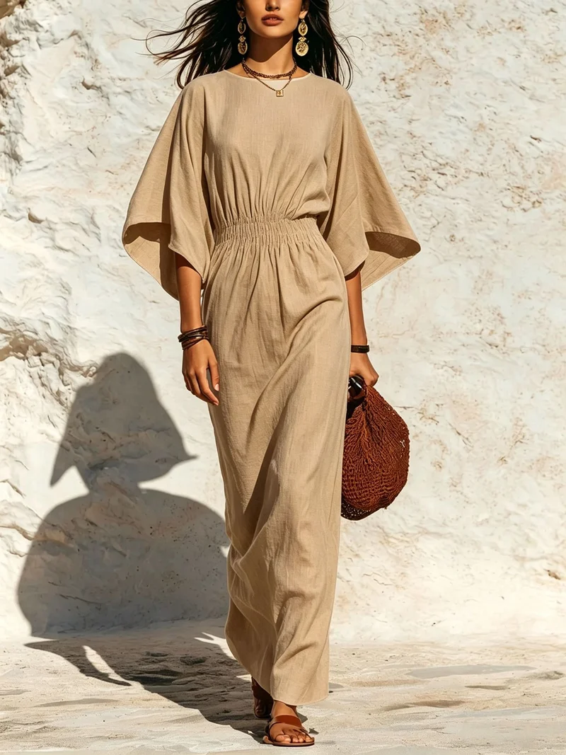 Damen Maxikleid mit Fledermausärmeln und geraffter Smock-Taillierung Nord Taschen