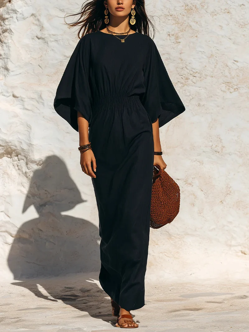 Damen Maxikleid mit Fledermausärmeln und geraffter Smock-Taillierung Nord Taschen