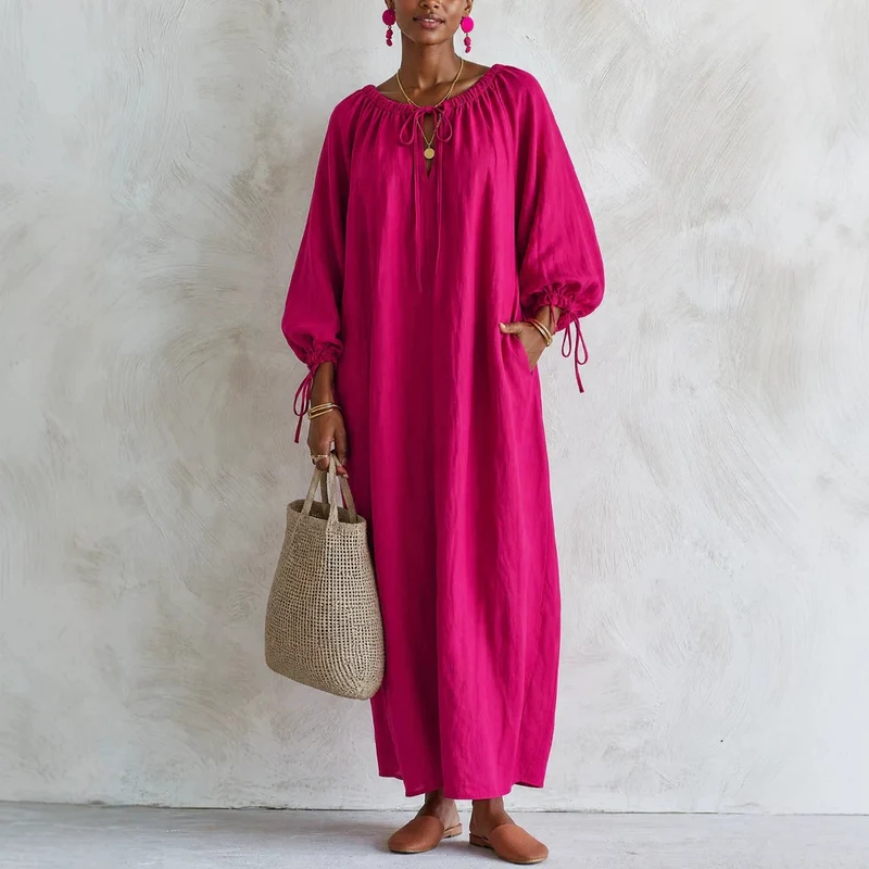 Damen Maxikleid im Kaftan-Stil mit gerafftem Rundhalsausschnitt, Ballonärmeln und Eingrifftaschen Nord Taschen