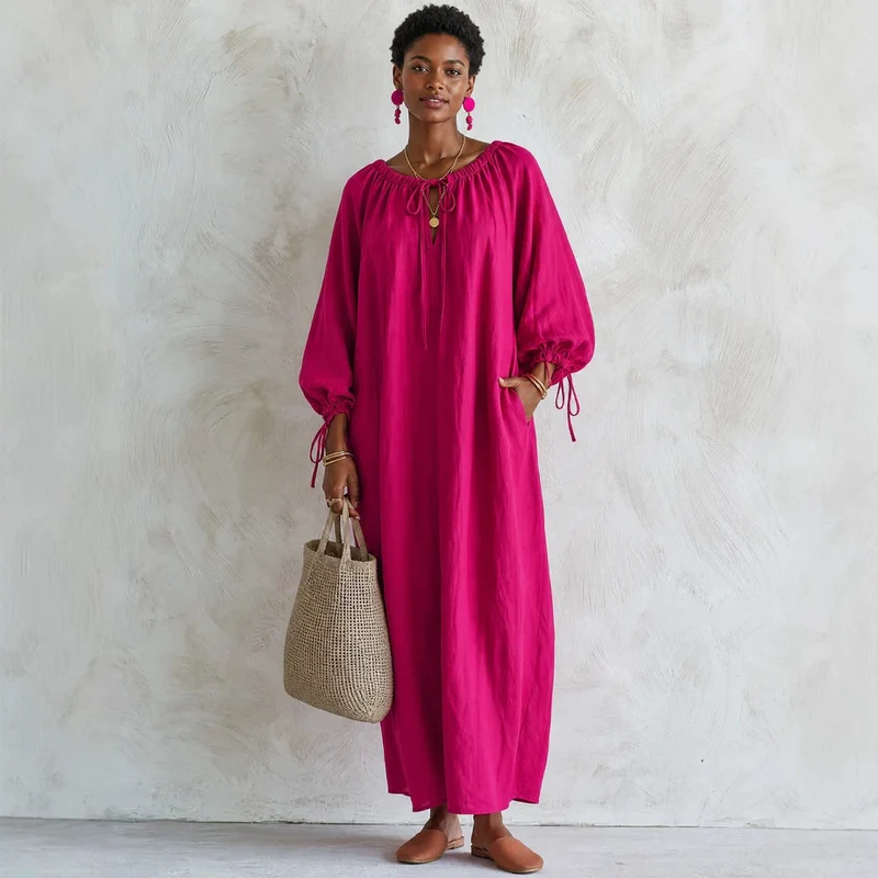 Damen Maxikleid im Kaftan-Stil mit gerafftem Rundhalsausschnitt, Ballonärmeln und Eingrifftaschen Nord Taschen