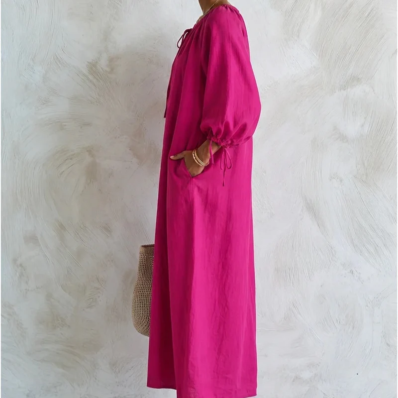 Damen Maxikleid im Kaftan-Stil mit gerafftem Rundhalsausschnitt, Ballonärmeln und Eingrifftaschen Nord Taschen
