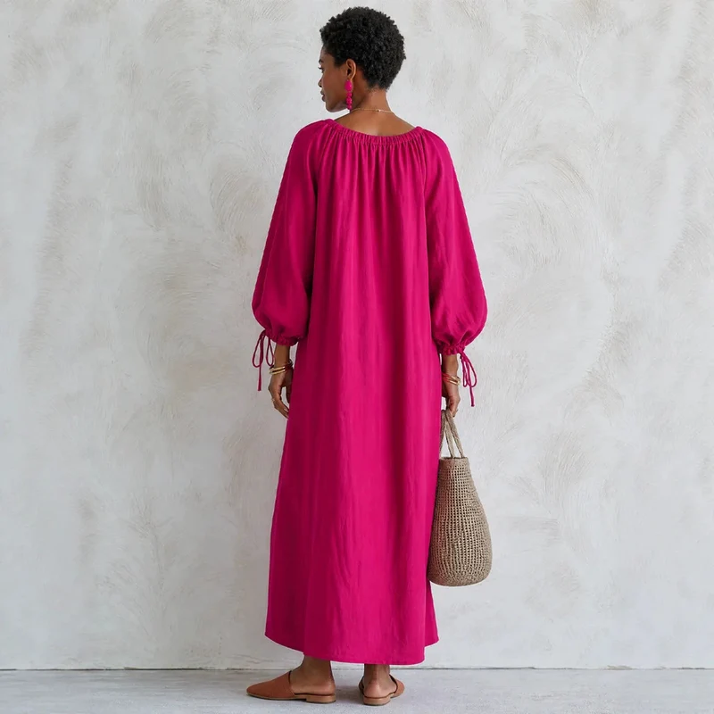 Damen Maxikleid im Kaftan-Stil mit gerafftem Rundhalsausschnitt, Ballonärmeln und Eingrifftaschen Nord Taschen