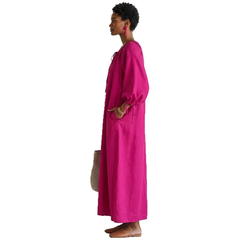 Damen Maxikleid im Kaftan-Stil mit gerafftem Rundhalsausschnitt, Ballonärmeln und Eingrifftaschen Nord Taschen