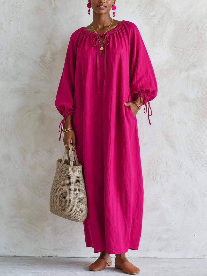Damen Maxikleid im Kaftan-Stil mit gerafftem Rundhalsausschnitt, Ballonärmeln und Eingrifftaschen Nord Taschen