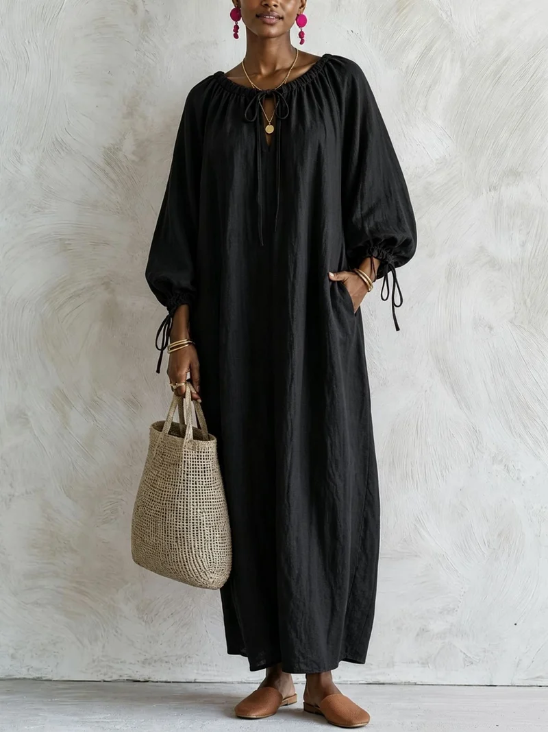 Damen Maxikleid im Kaftan-Stil mit gerafftem Rundhalsausschnitt, Ballonärmeln und Eingrifftaschen Nord Taschen