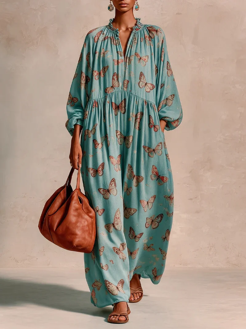 Damen Maxikleid im Boho-Caftan-Stil mit Schmetterlingsprint und geraffter Empire‑Taillen Nord Taschen