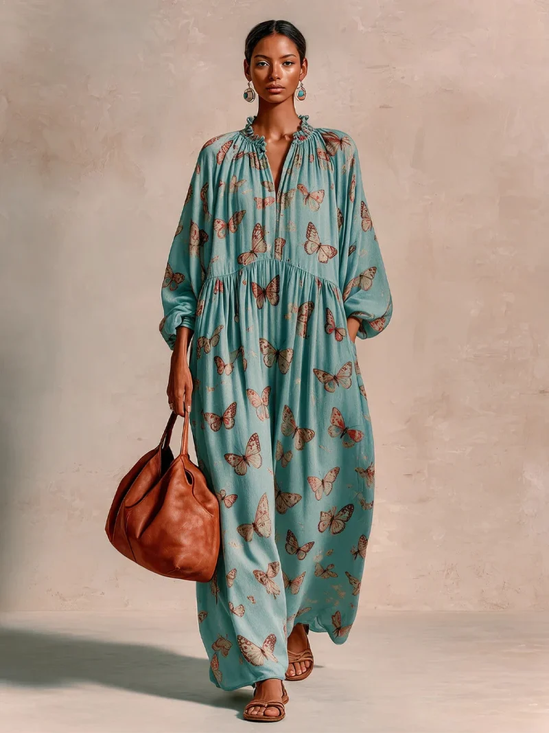 Damen Maxikleid im Boho-Caftan-Stil mit Schmetterlingsprint und geraffter Empire‑Taillen Nord Taschen