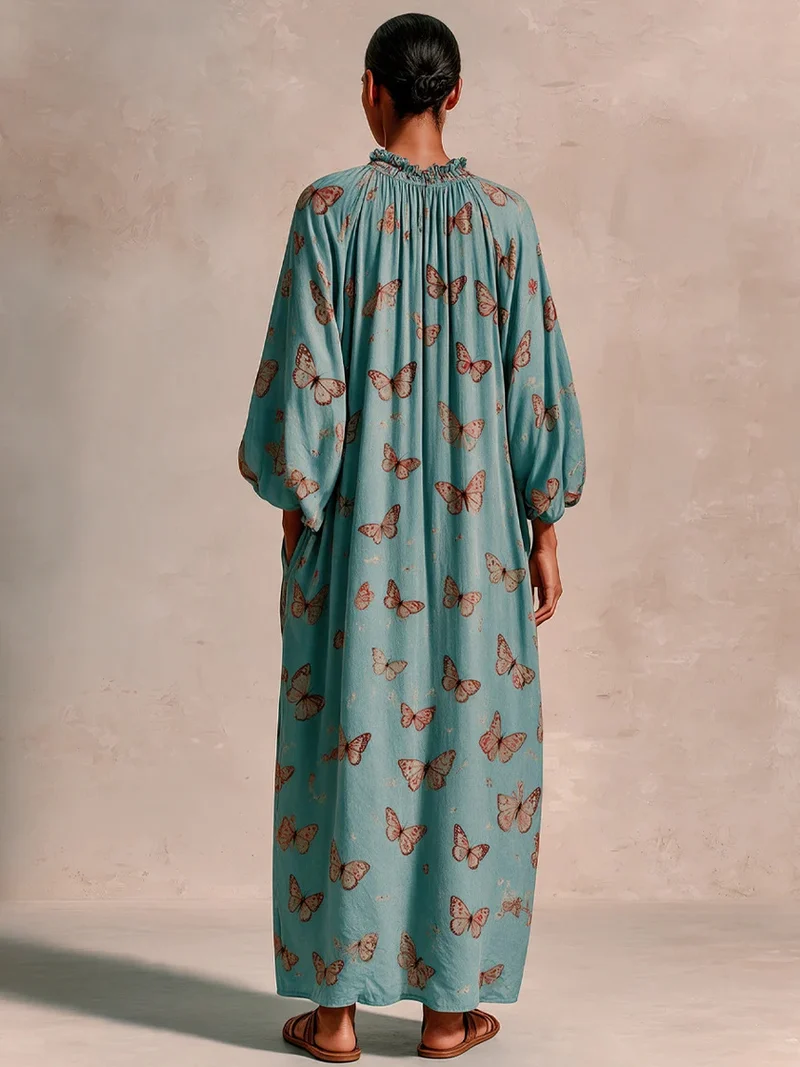 Damen Maxikleid im Boho-Caftan-Stil mit Schmetterlingsprint und geraffter Empire‑Taillen Nord Taschen