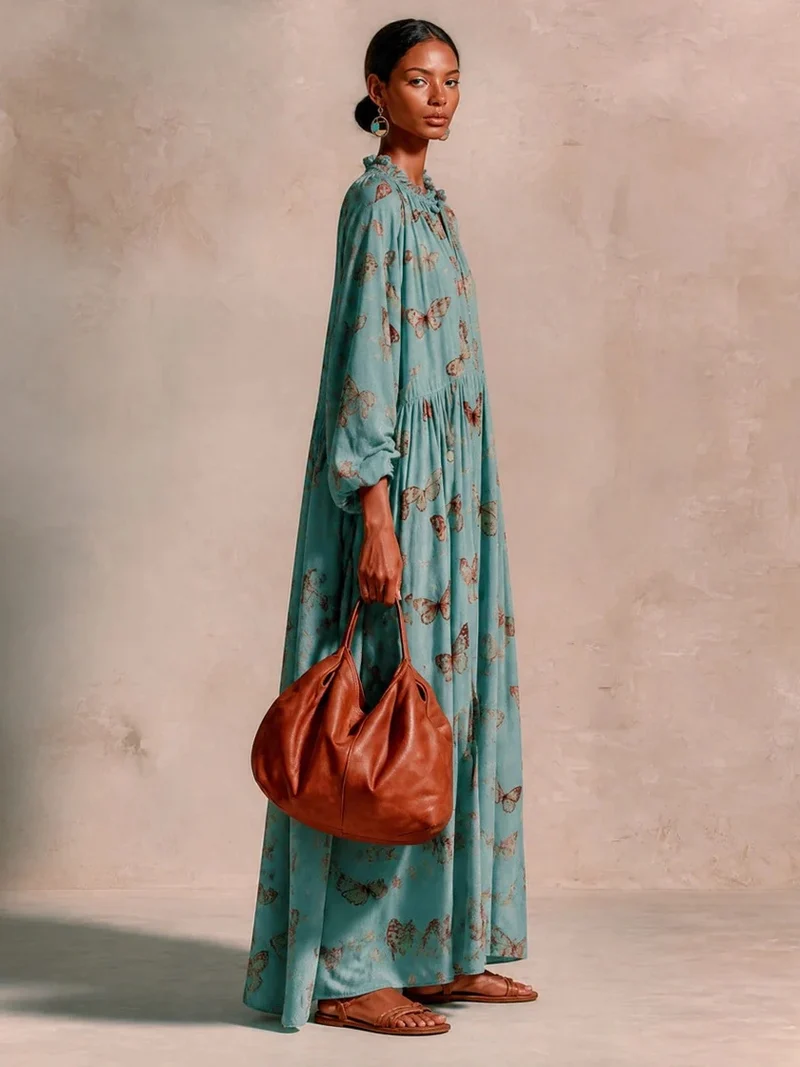 Damen Maxikleid im Boho-Caftan-Stil mit Schmetterlingsprint und geraffter Empire‑Taillen Nord Taschen