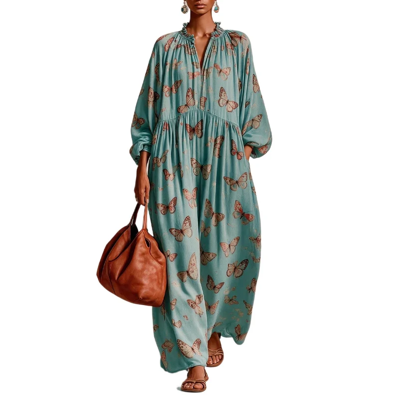 Damen Maxikleid im Boho-Caftan-Stil mit Schmetterlingsprint und geraffter Empire‑Taillen Nord Taschen