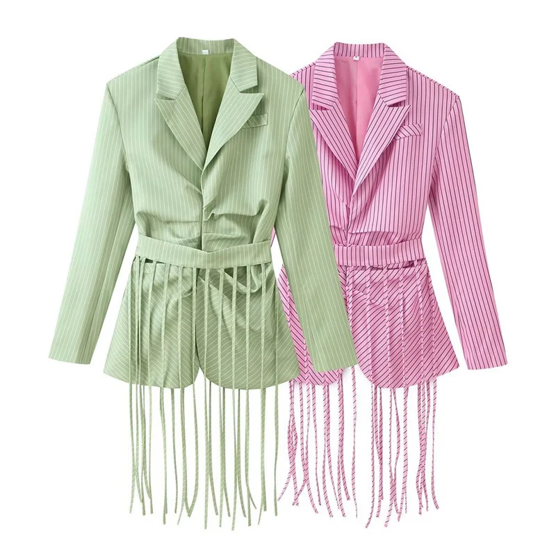 Damen taillierter Blazer mit Fransen-Saum und Nadelstreifen Nord Taschen