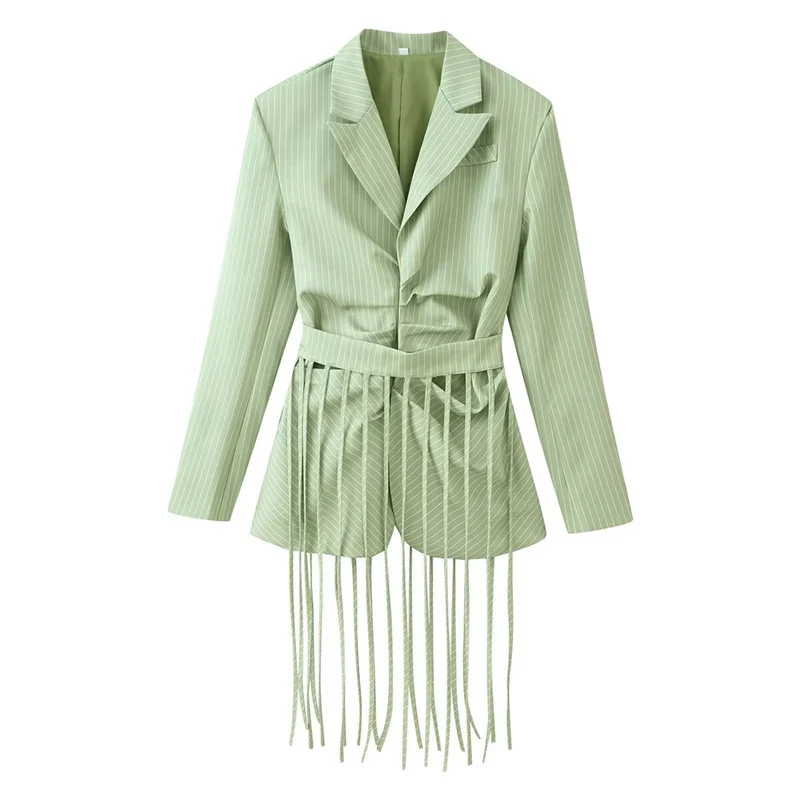 Damen taillierter Blazer mit Fransen-Saum und Nadelstreifen Nord Taschen
