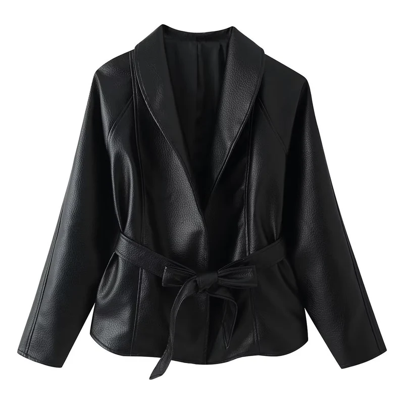Damen Taillierter Bindegürtel-Lederblazer mit Schalkragen Nord Taschen