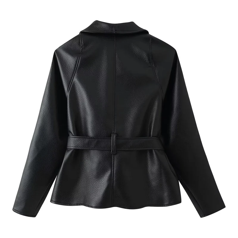 Damen Taillierter Bindegürtel-Lederblazer mit Schalkragen Nord Taschen