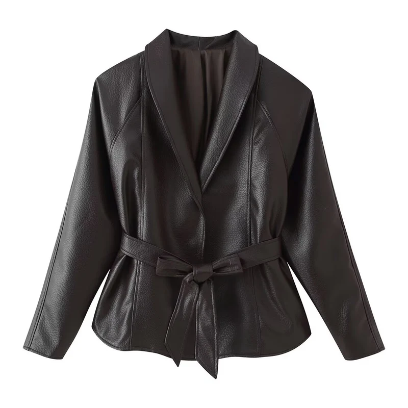 Damen Taillierter Bindegürtel-Lederblazer mit Schalkragen Nord Taschen