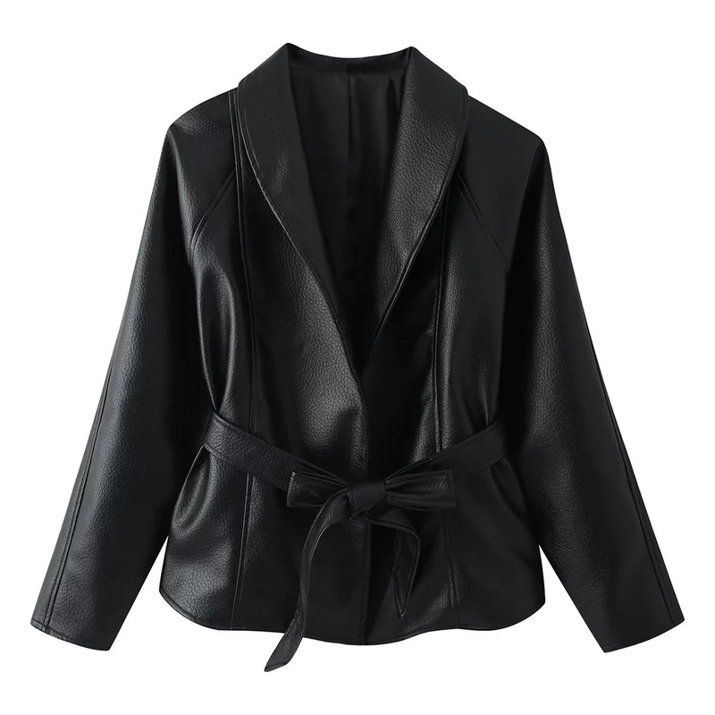 Damen Taillierter Bindegürtel-Lederblazer mit Schalkragen Nord Taschen