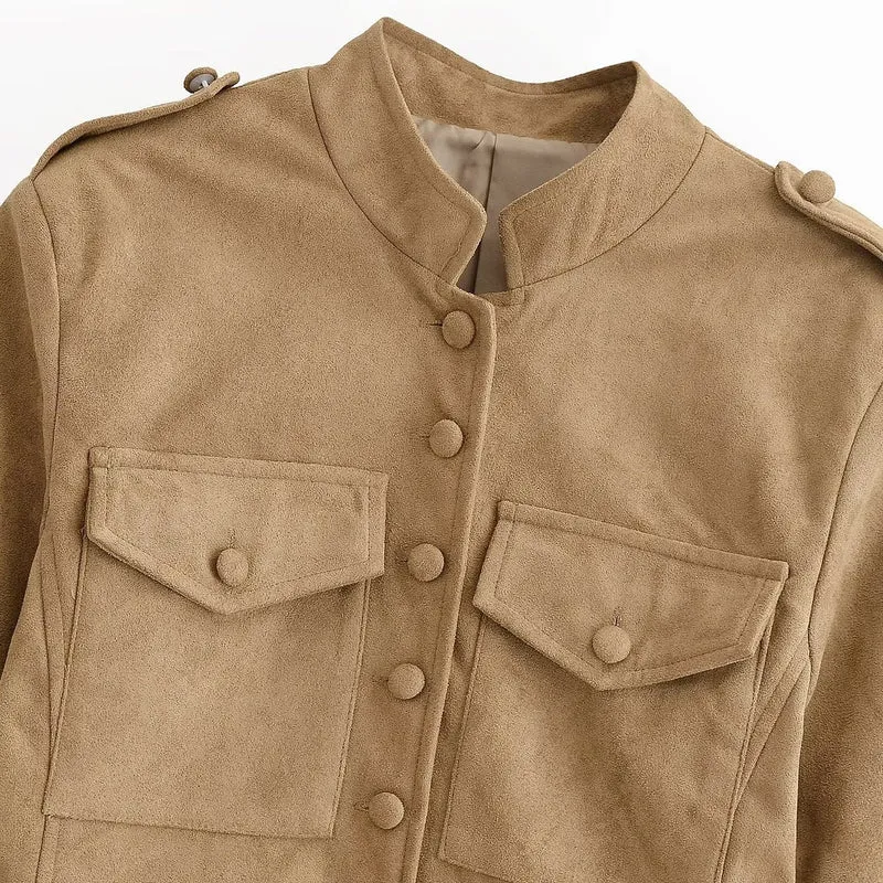 Damen taillierte Safari-Jacke in Velourslederoptik mit Pattentaschen Nord Taschen